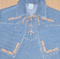 Embroidered denim shirt with a leave border embroidery design on the front and on the sleeves
