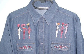 Petro's Ethnic Women designs embroidered on the front of a denim shirt