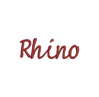 Embroidery design of the word 'Rhino'.