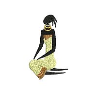 Embroidery design of a women sitting on the ground.
