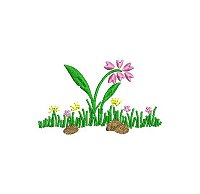 Embroidery design of some pink and yellow flowers.