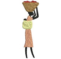 Embroidery design of a women carrying her baby on her back and a basket on her head.