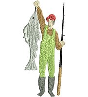 Embroidery design of a fisherman holding a fish.