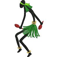 Embroidery design of a dancing women in a green skirt and with rattles in her hands