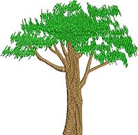 Embroidery design of a large tree with a brown trunk and green leaves