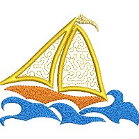 Applique embroidery design of a sail boat in rough seas.