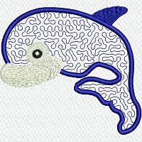 Applique embroidery design of a dolphin.