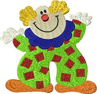 Mirror image of a clown embroidry design wearing a green suit with a blue collar