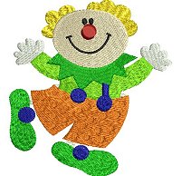 Mirror embroidery design of a clown jumping on one leg whilst waving his arms.