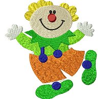 Clown embroidery design jumping on one leg with his arms open.