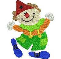 Mirror image of the dancing clown embroidery design.