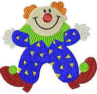 Embroidery deisgn of a clown in a blue suit jumping