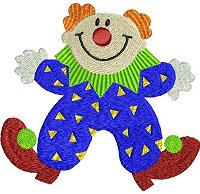 Mirror image of a clown in a blue suit jumping.