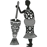 Ethnic embroidery design of a woman crushing grain with a large mortal and pestle.