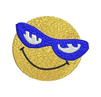 Embroidery design of a smiling face wearing a blue sunglasses.