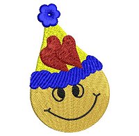 Embroidery design of a smiling face wearing a party hat.