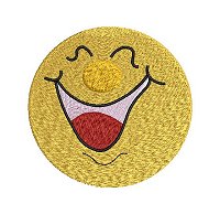 Embroidery design of a smiling face with a wide open mouth.