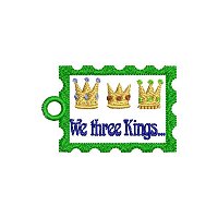 "We three kings" embroidery design with a tag.